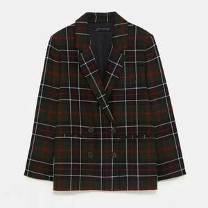 Zara Tartan Blazer Women Medium Green Red Plaid Preppy Double Breasted Jacket